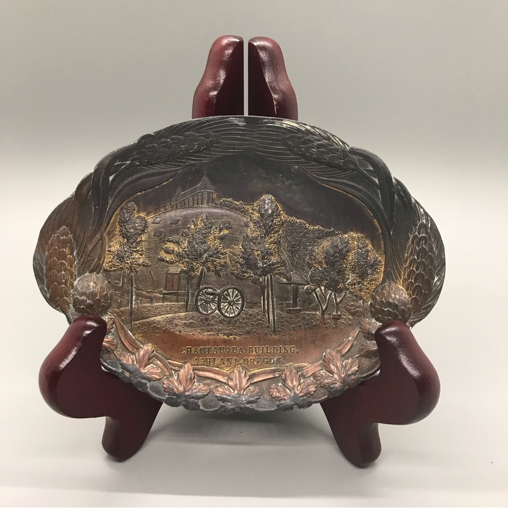 Chautauqua building, Ashland, Oregon. Copper player spelter plate/trinket dish.